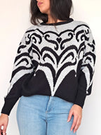 Gebreide vintage trui met zwarte tekeningen | XL