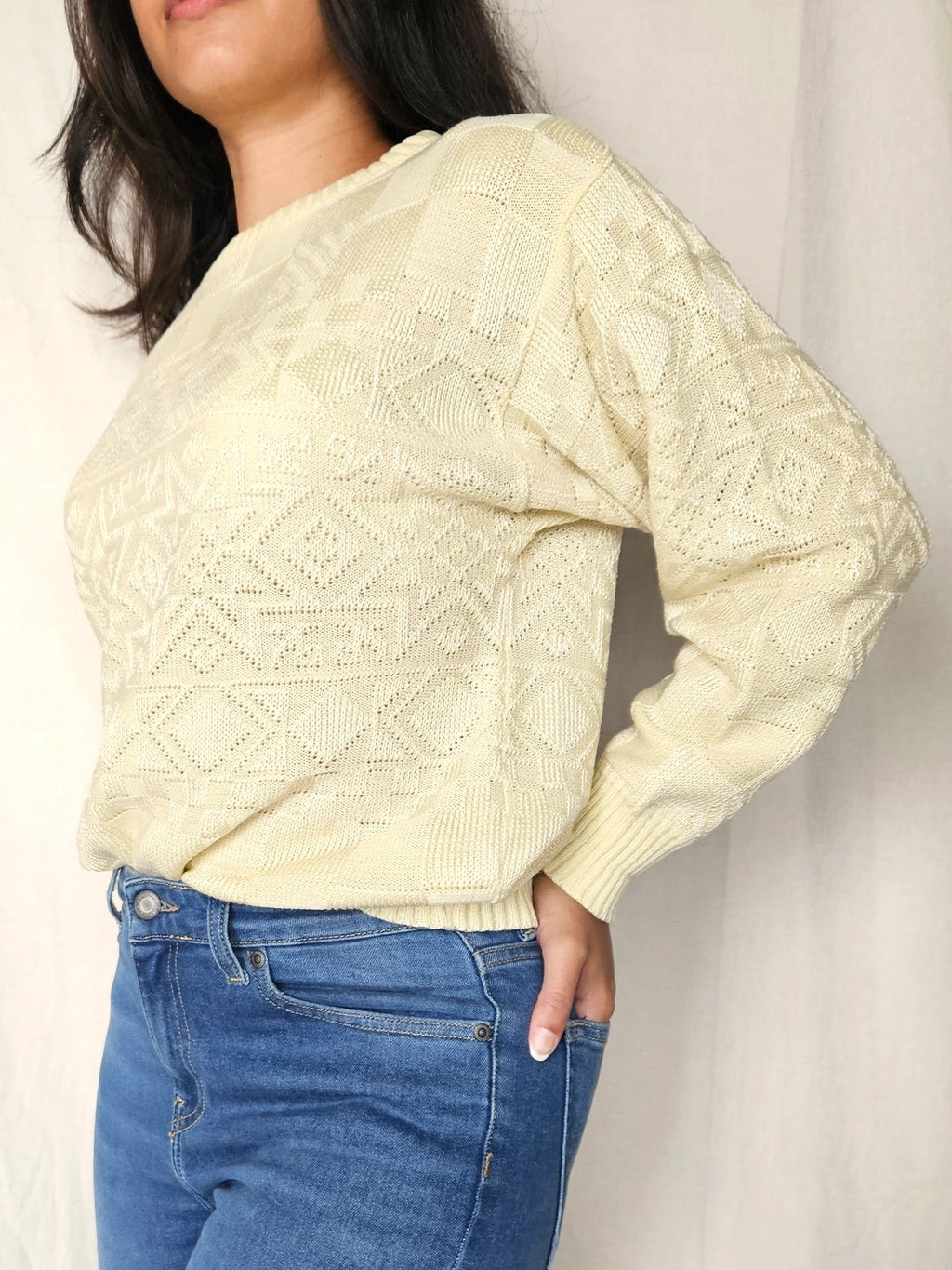 Fijngebreide lichtgele vintage trui met mooie structuur | M
