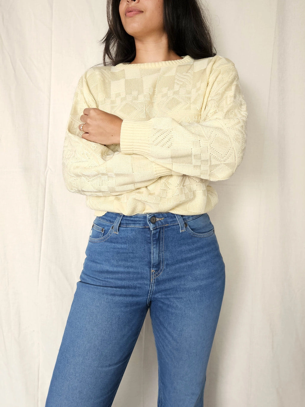 Fijngebreide lichtgele vintage trui met mooie structuur | M