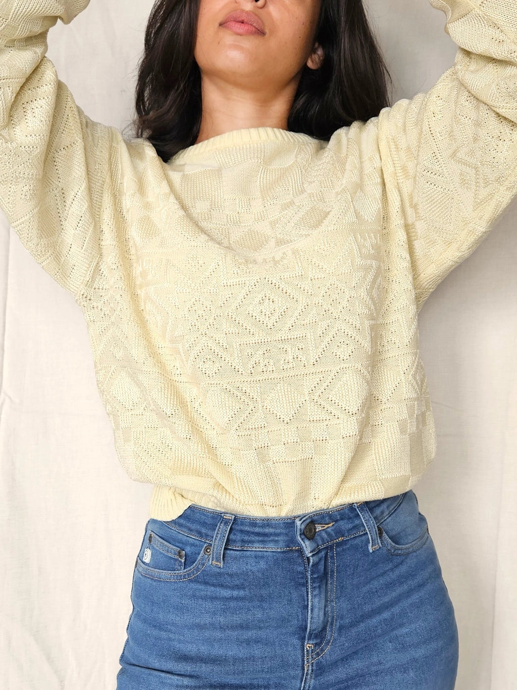 Fijngebreide lichtgele vintage trui met mooie structuur | M