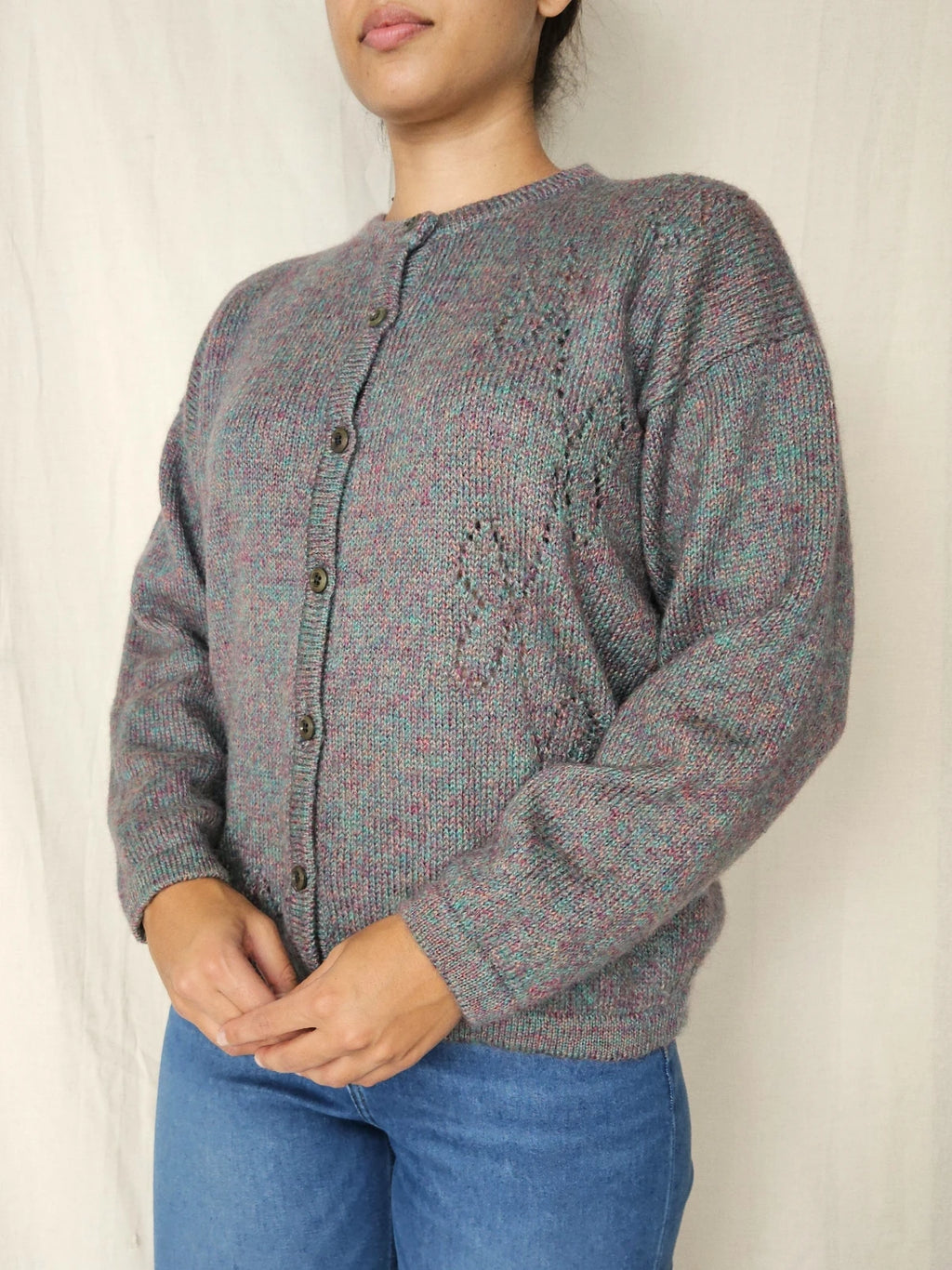 Grijs handgebreid vintage vest met subtiele kleuren | XXL