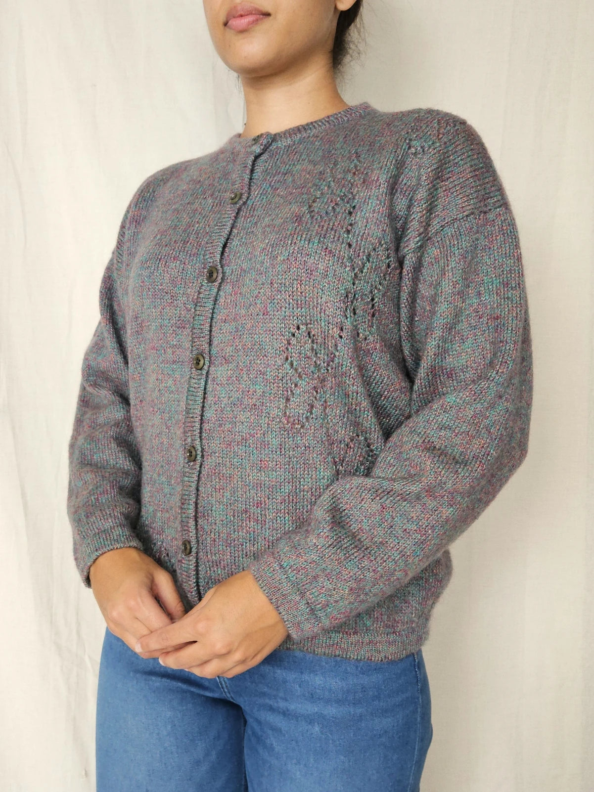 Grijs handgebreid vintage vest met subtiele kleuren | XXL