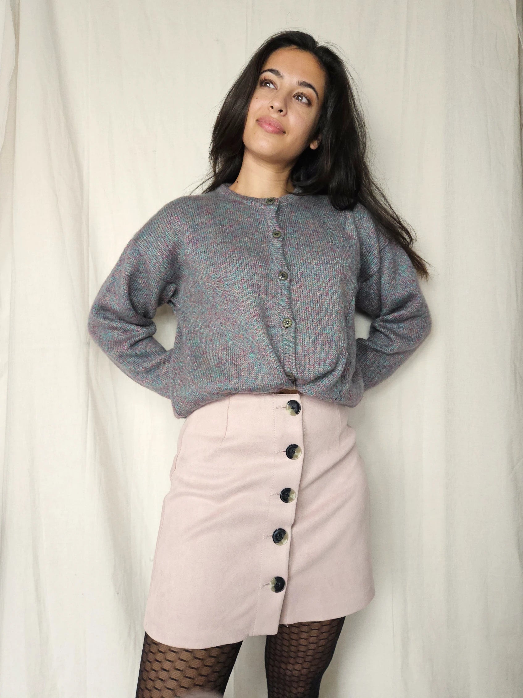 Grijs handgebreid vintage vest met subtiele kleuren | XXL