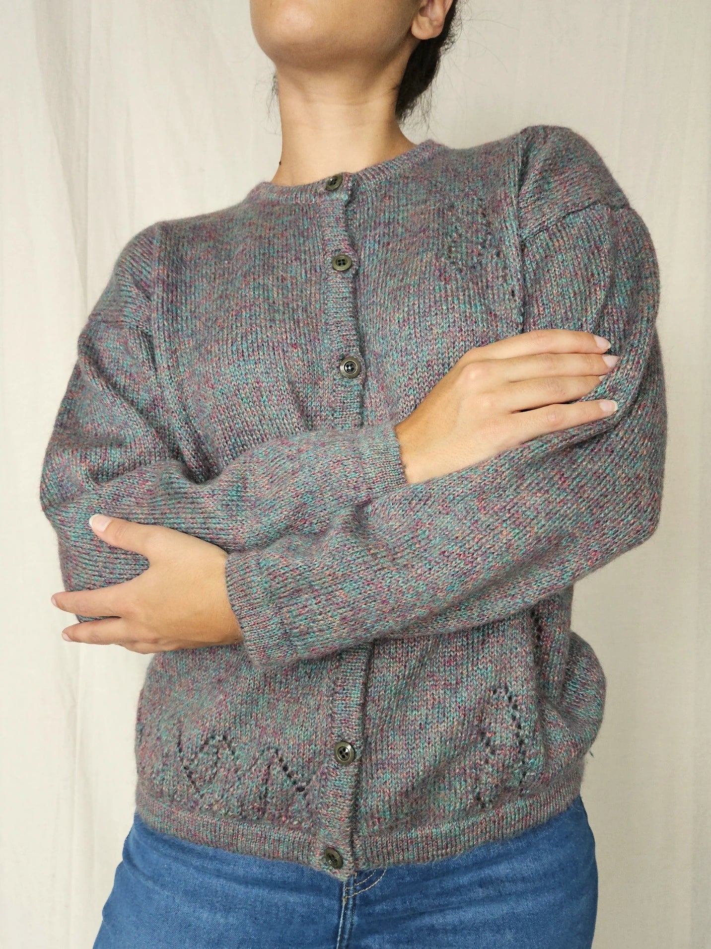 Grijs handgebreid vintage vest met subtiele kleuren | XXL