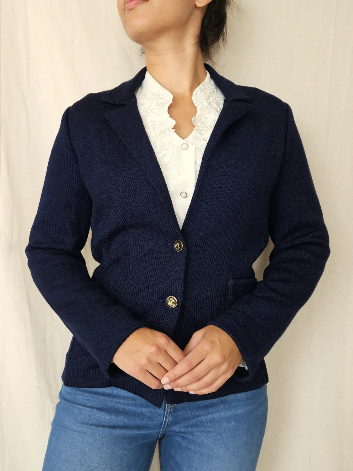 Donkerblauwe gebreide vintage blazer | XS/S