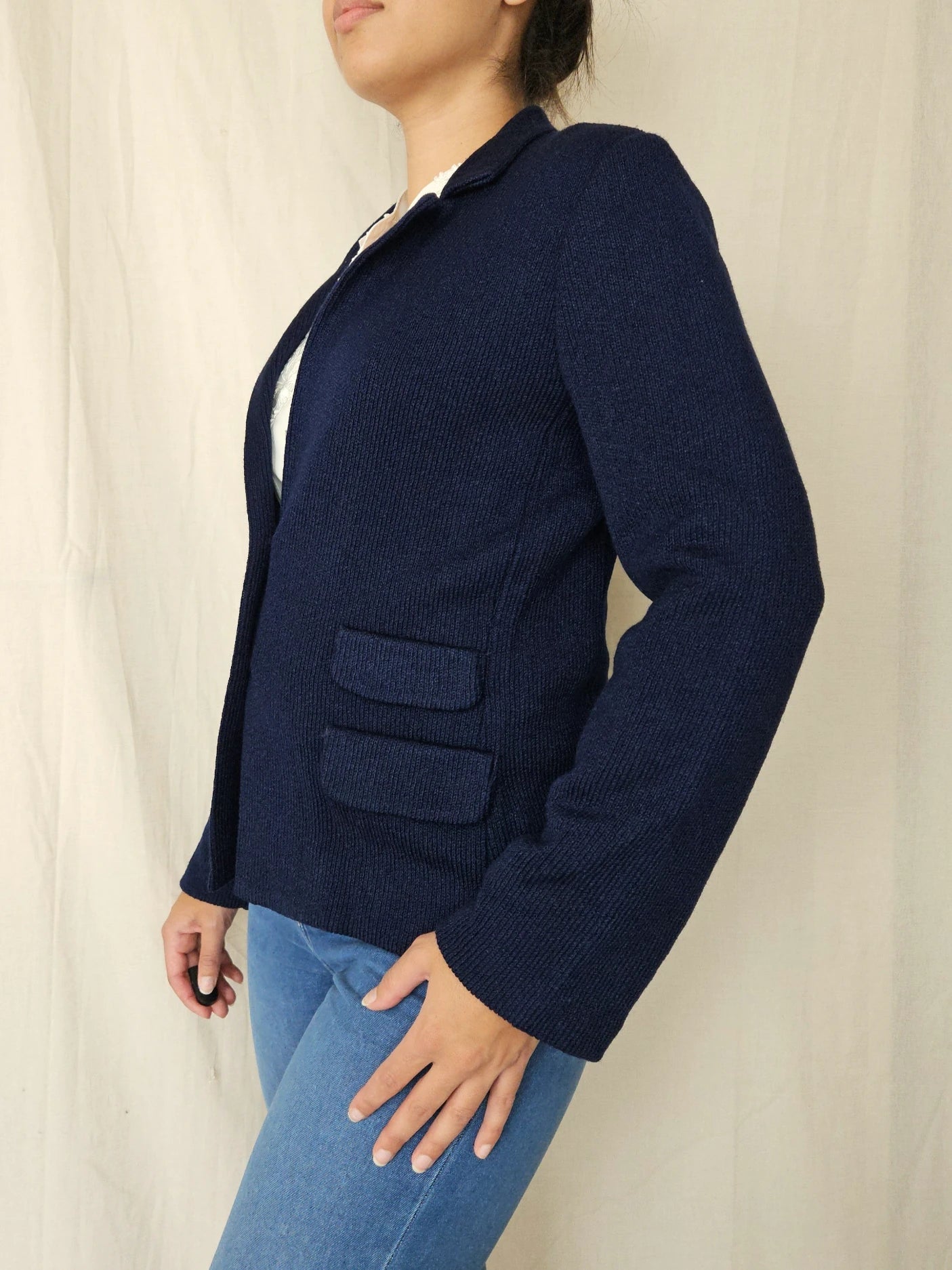 Donkerblauwe gebreide vintage blazer | XS/S