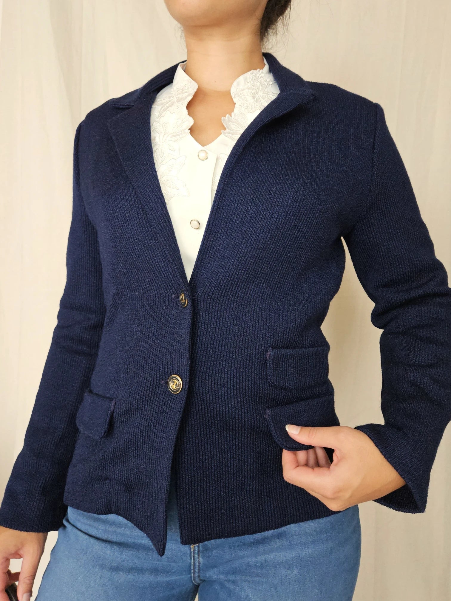 Donkerblauwe gebreide vintage blazer | XS/S