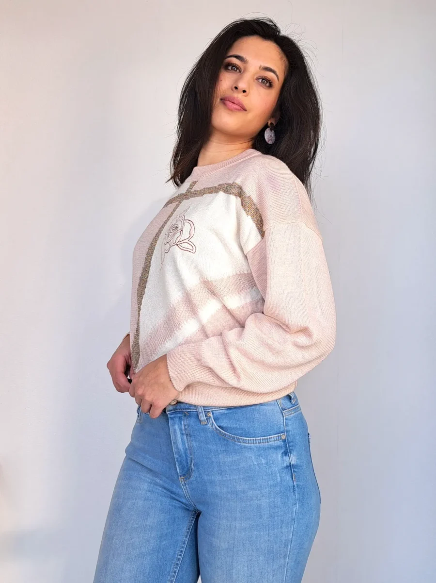 roze vintage trui met bloem