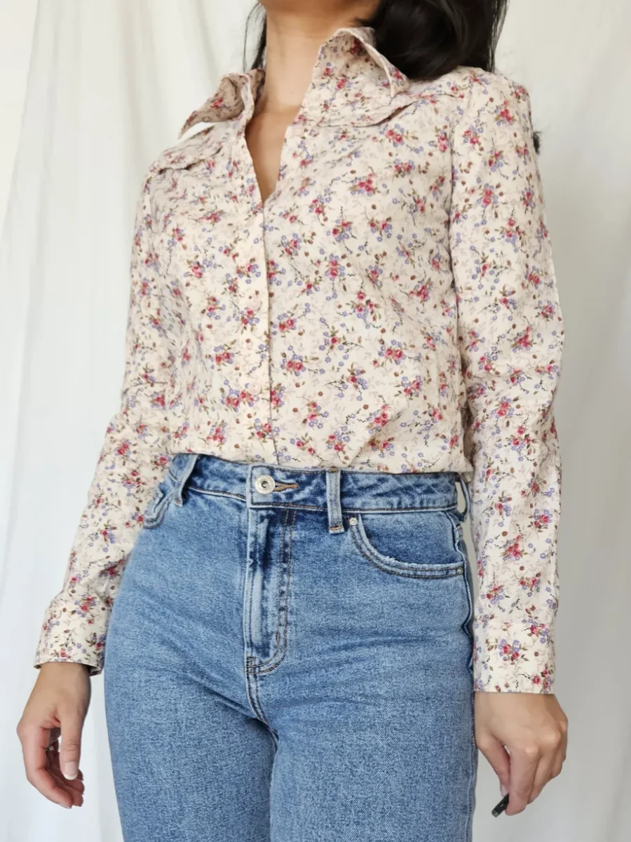 Katoenen vintage blouse met bloemen | S - Afbeelding 2