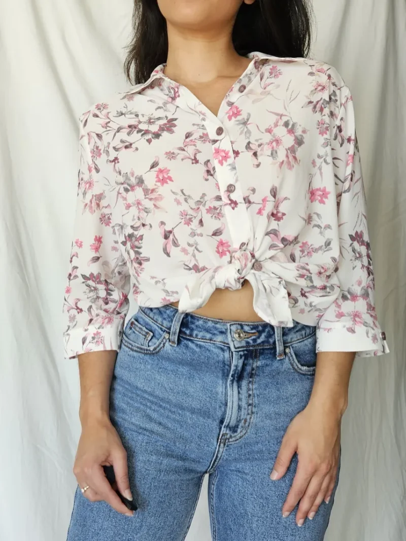 Witte vintage blouse met bloemen | XL - Afbeelding 2