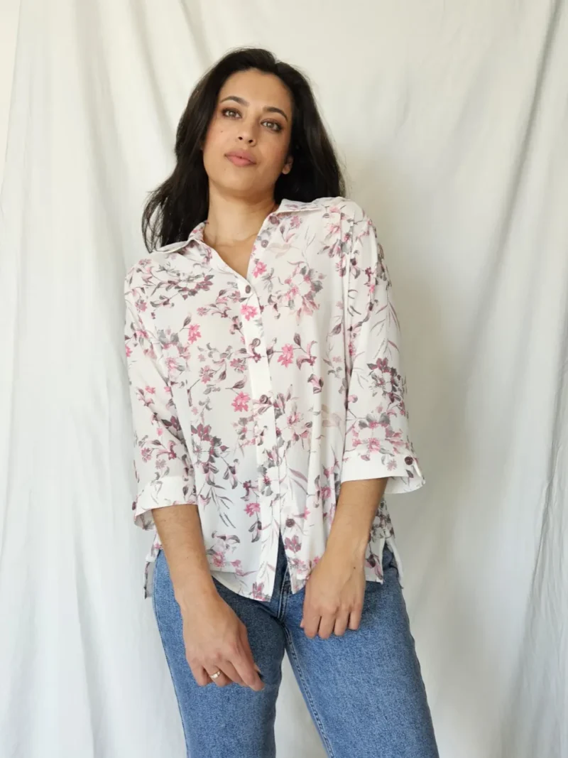 Witte vintage blouse met bloemen | XL - Afbeelding 4