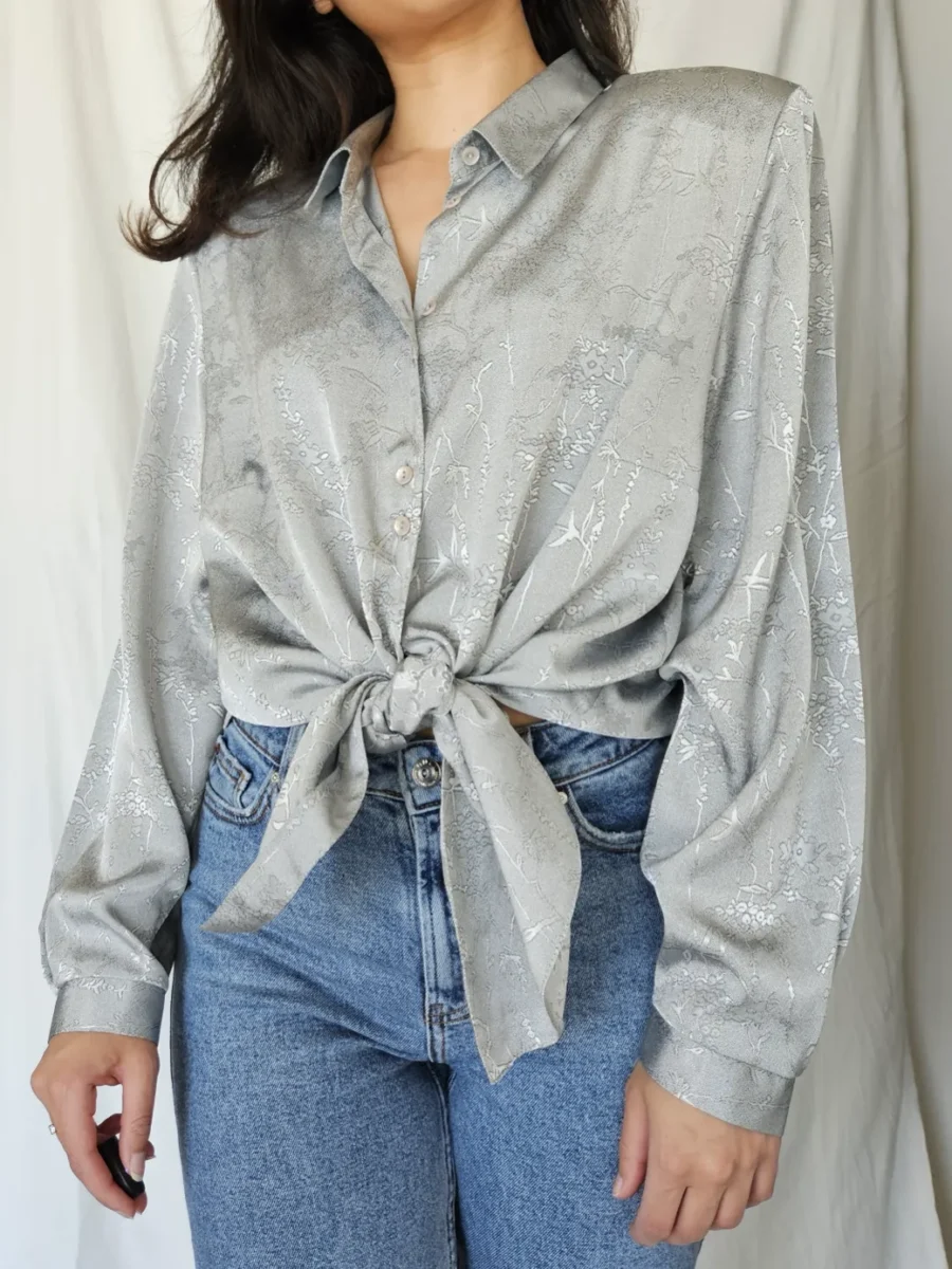 Zilvergrijze vintage blouse | XL - Afbeelding 2