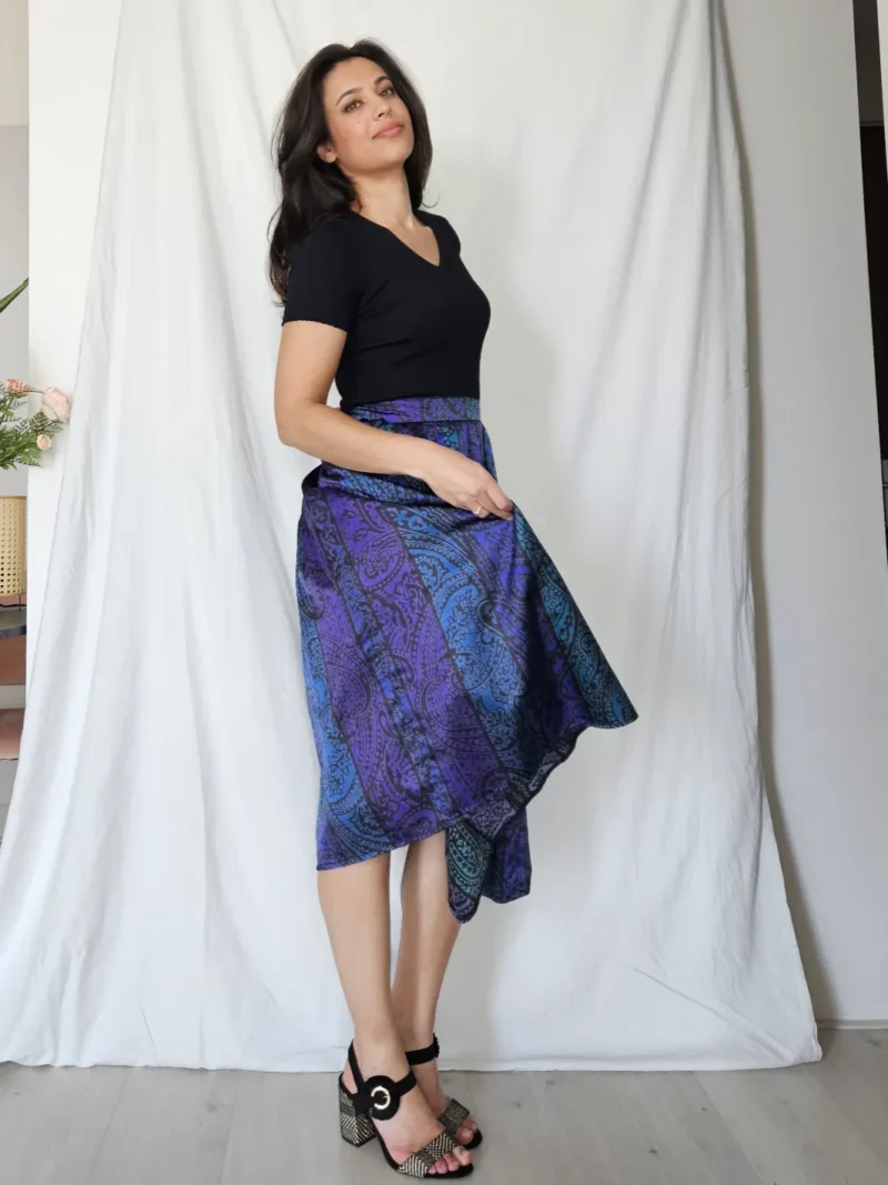 Vintage A-lijn rok paars met blauw  | M - Afbeelding 2