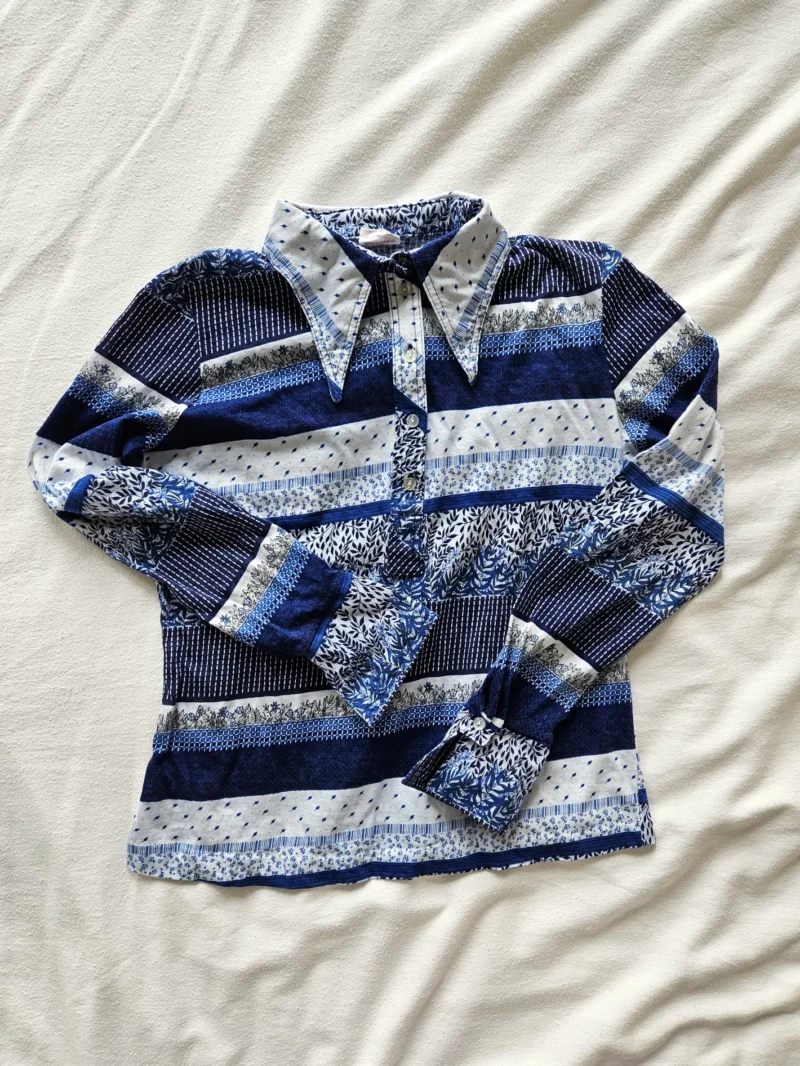 70s katoenen jersey top blauwe strepen | L - Afbeelding 4