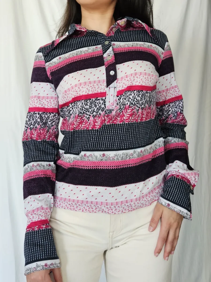 70s katoenen jersey top roze strepen | M - Afbeelding 2