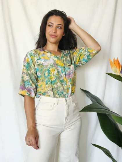 Handgemaakte vintage blouse korte mouw | XL