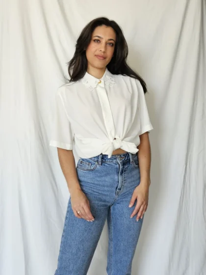 Witte vintage blouse met kant kraag | XL