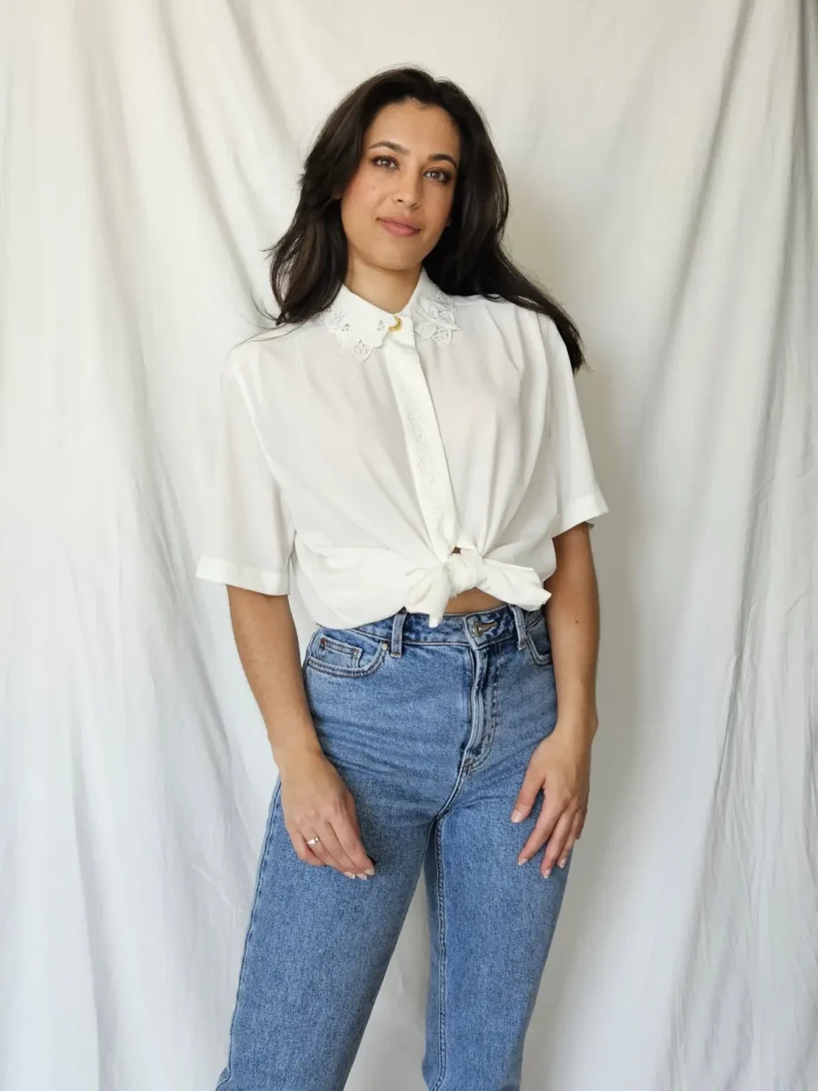 Witte vintage blouse met kant kraag | XL