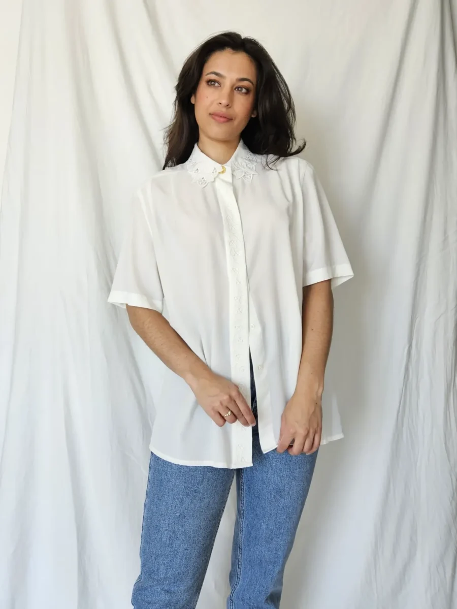 Witte vintage blouse met kant kraag | XL - Afbeelding 3