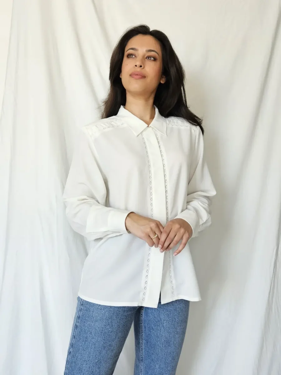Romantische witte vintage blouse | L - Afbeelding 4