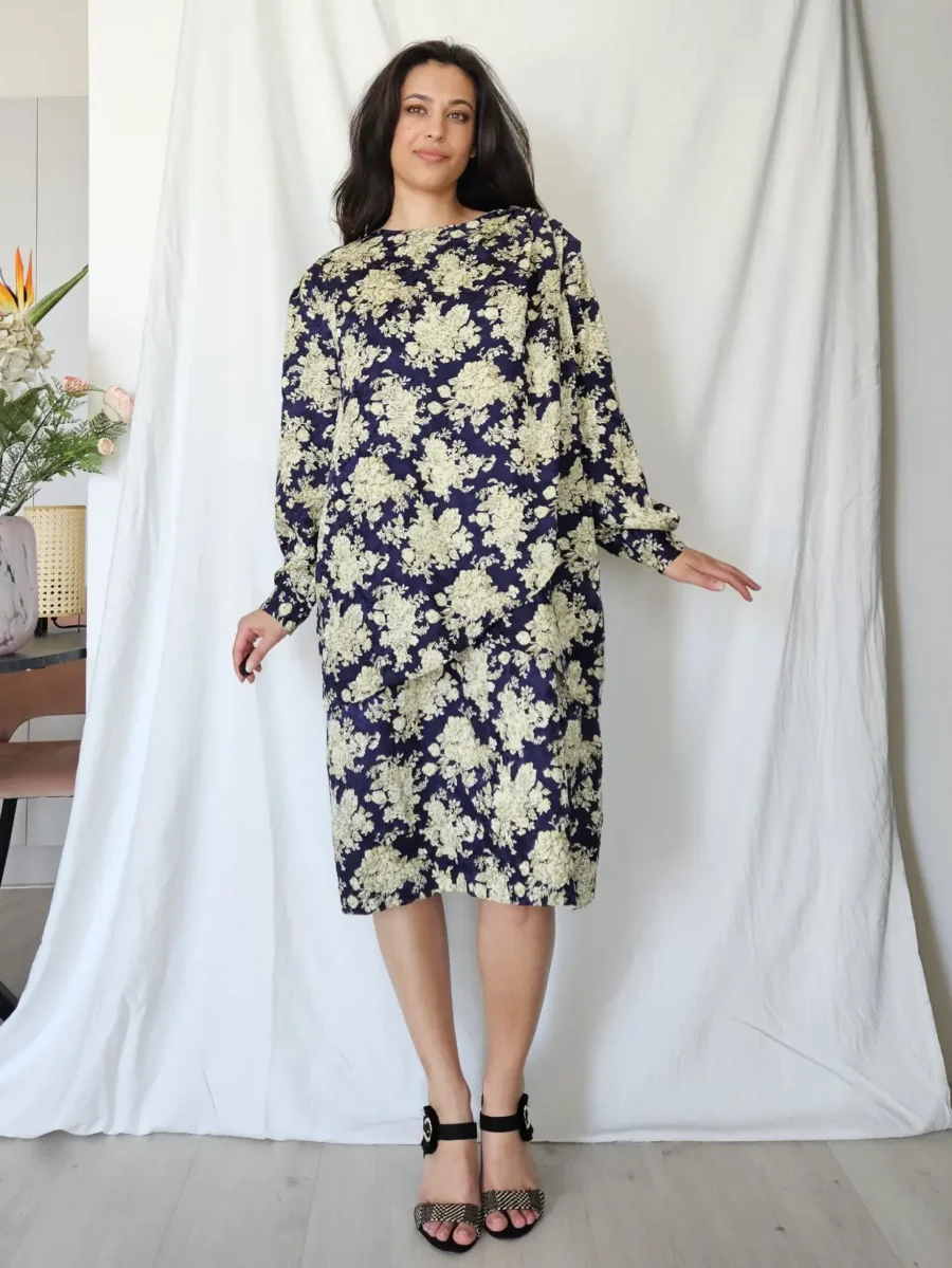 Donkerblauw met gouden vintage jurk | XXL - Afbeelding 4