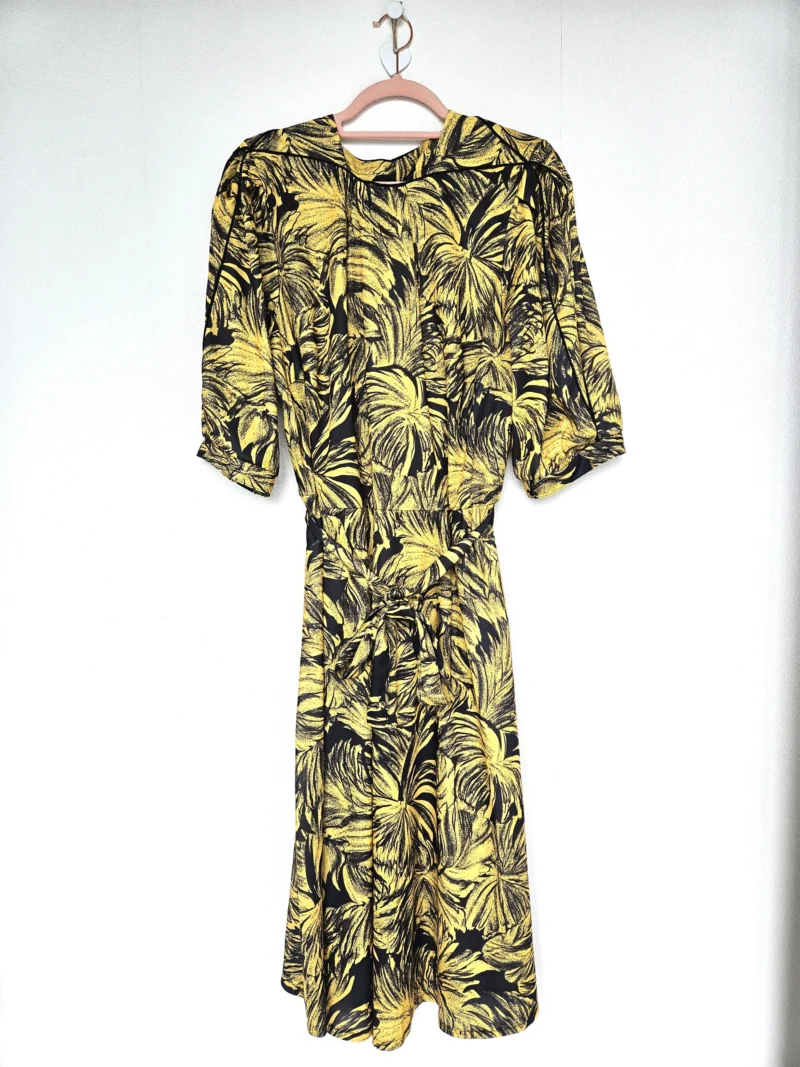 Zwierige gele vintage jurk met zwart patroon | L - Afbeelding 5