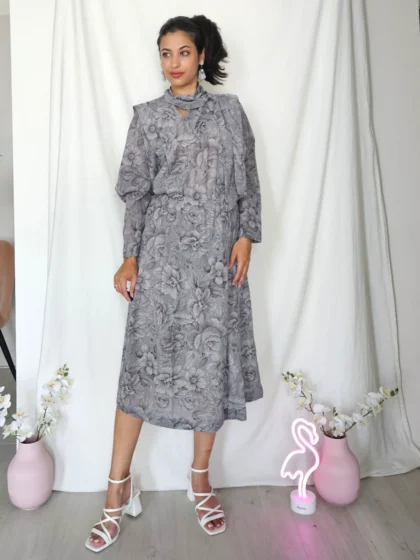 Grijze vintage jurk met bloemenpatroon en pussy bow | XL