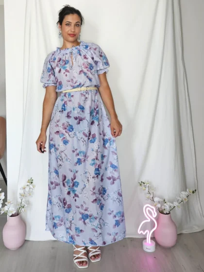 Romantische lichtblauwe vintage jurk met bloemen | M/L