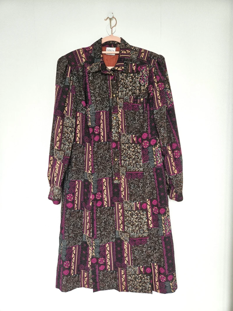 Vintage jurk met rijke patronen en gouden knopen | M/L - Afbeelding 4