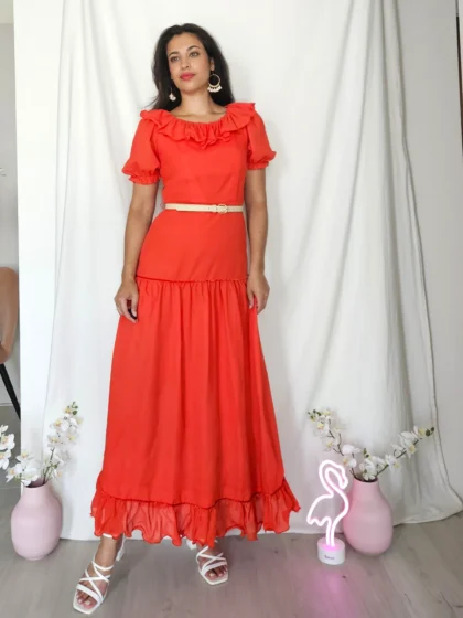 Lange rode vintage jurk met ruffles | XS/S