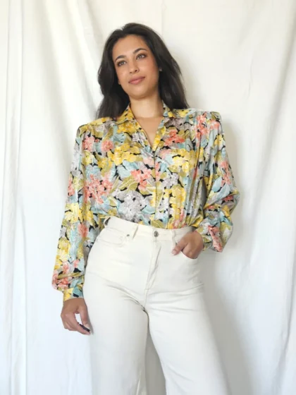 80s vintage blouse met bloemen | XL