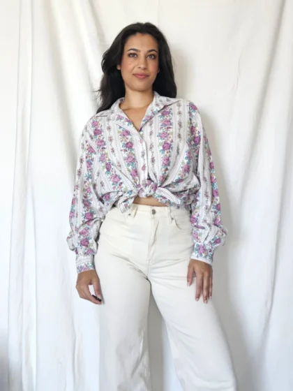 Handgemaakte katoenen vintage blouse met rozen | XXL