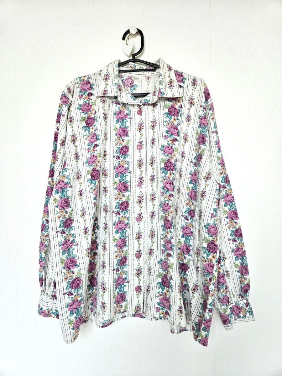 Handgemaakte katoenen vintage blouse met rozen | XXL - Afbeelding 4