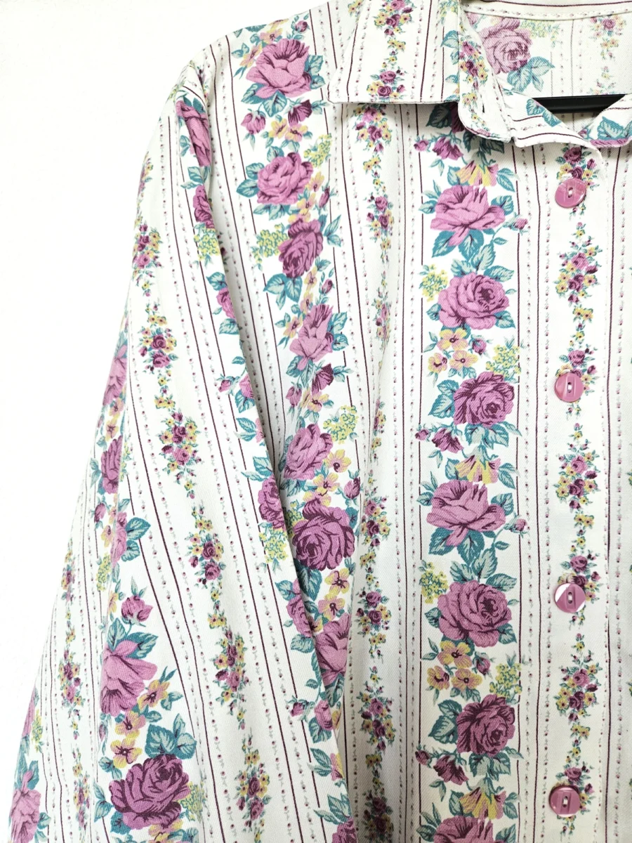 Handgemaakte katoenen vintage blouse met rozen | XXL - Afbeelding 5