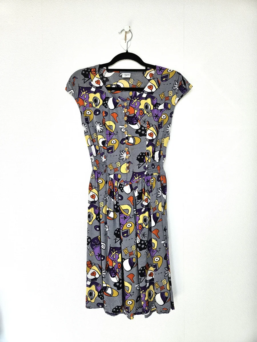 Grijze vintage jurk met funky print | XS - Afbeelding 4