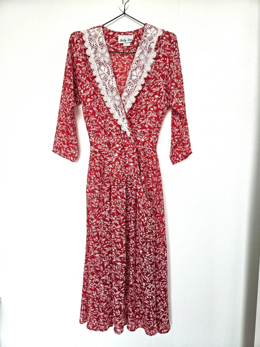 Rode vintage overslag jurk met kant | XS - Afbeelding 4