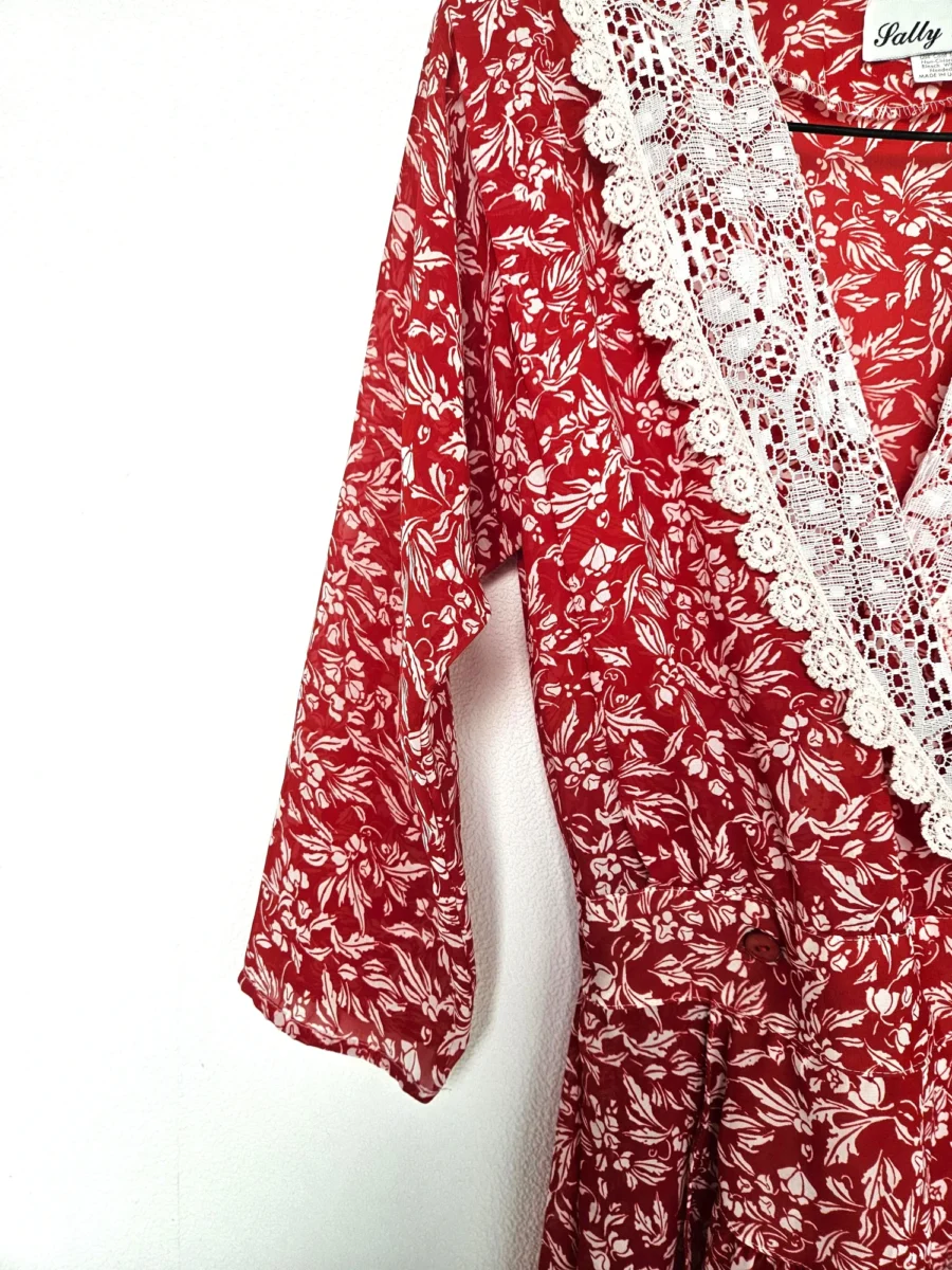 Rode vintage overslag jurk met kant | XS - Afbeelding 5