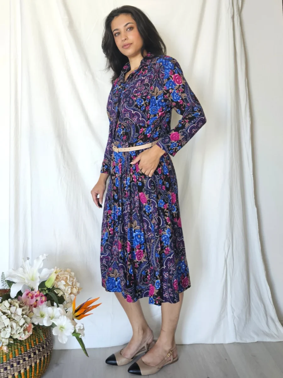 Vintage jurk van viscose met paisley en bloemen | S/M - Afbeelding 2
