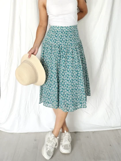 Katoenen vintage rok met witte bloemetjes | XL/XXL